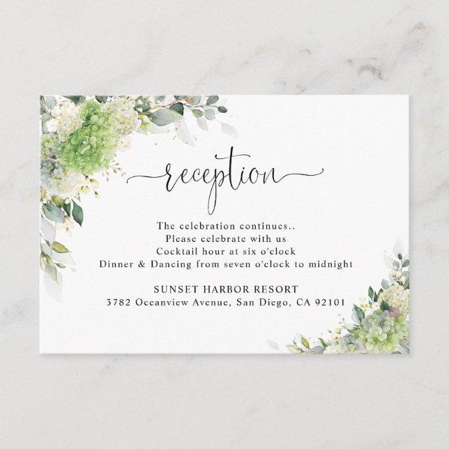 Green Hydrangeas Wedding Reception Enclosure Card  (Front)
