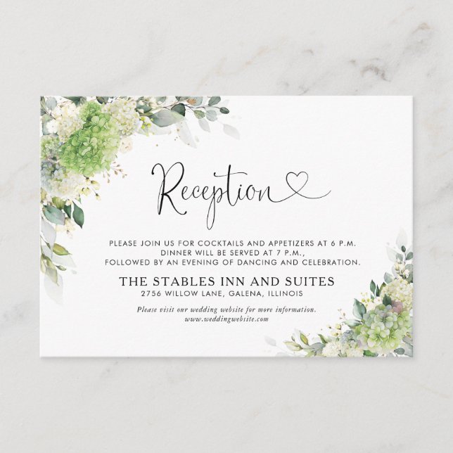 Green Hydrangeas Wedding Reception Enclosure Card  (Front)