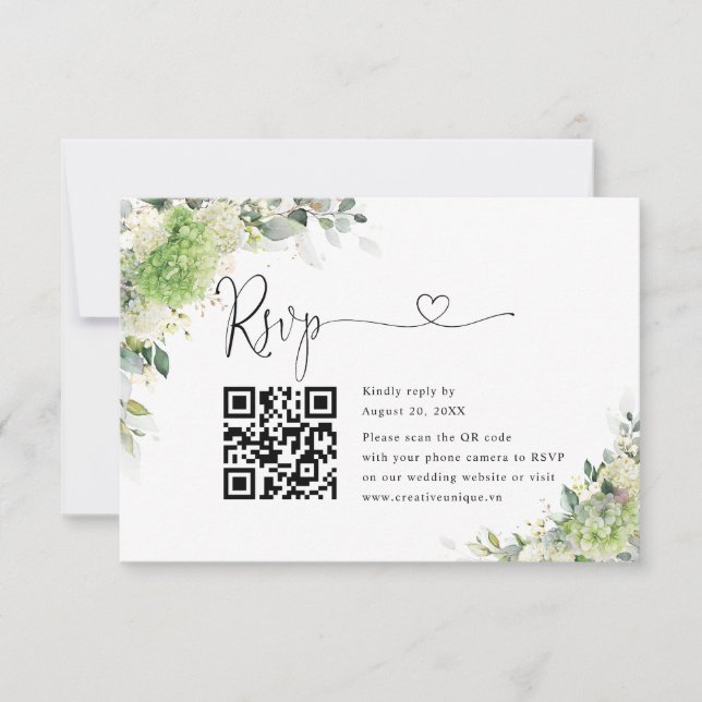 Green Hydrangeas Wedding Website QR Code RSVP  Card (Front)