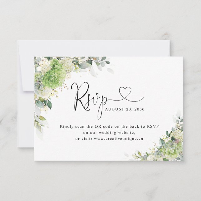 Green Hydrangeas Wedding Website QR Code RSVP  Card (Front)