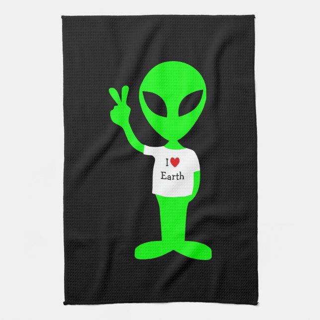 Green "I Love Earth" Alien Kitchen Towel (Vertical)