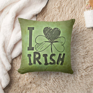 Green I Love Irish Shamrock Clover  Throw Pillow