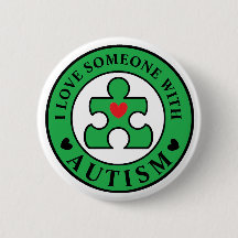 Green "I love someone with Autism" pin awareness.