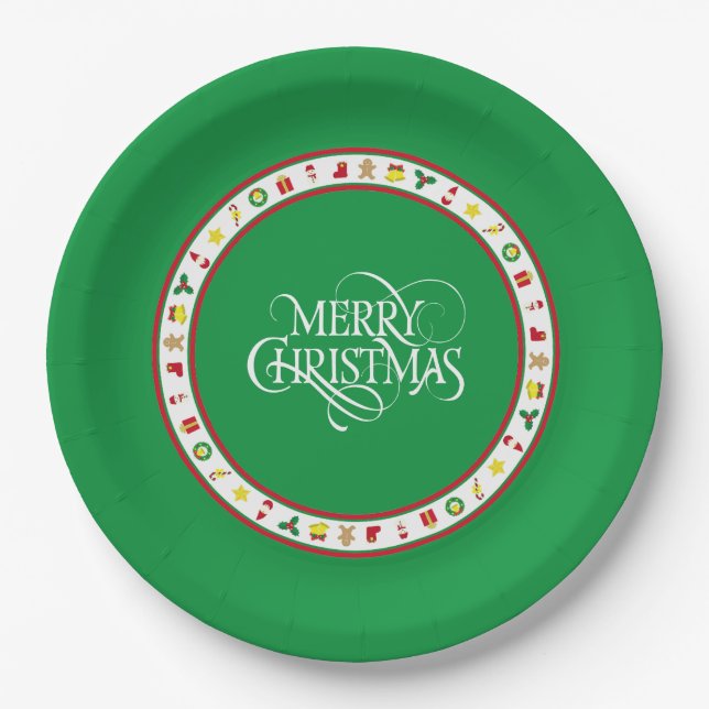 Green Iconic Christmas Paper Plate (Front)