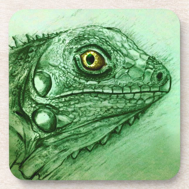 Green Iguana 6 Coasters Set, Realistic Drawing (Front)