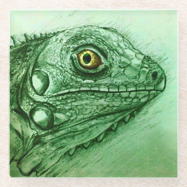 Green Iguana Fine Glass Coaster, Realistic Drawing Coaster (Front)