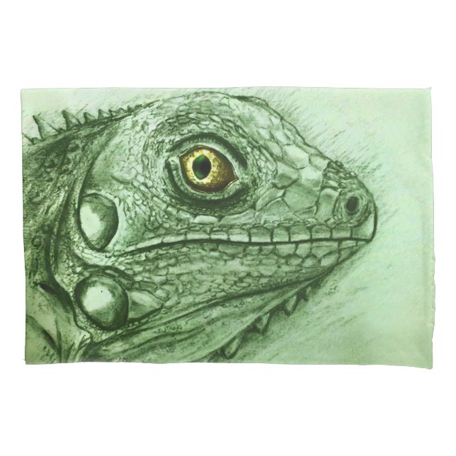 Green Iguana Realistic Drawing, Cute Reptile Pillowcase (Front)