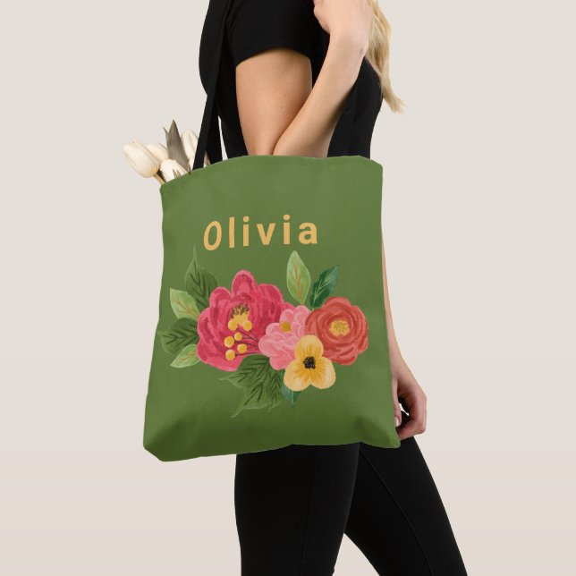 Green Illustrated Flower Custom Tote Bag (De près)