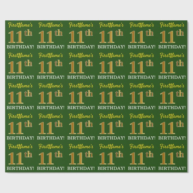 Green, Imitation Gold Look "11th BIRTHDAY" Wrapping Paper (Flat)