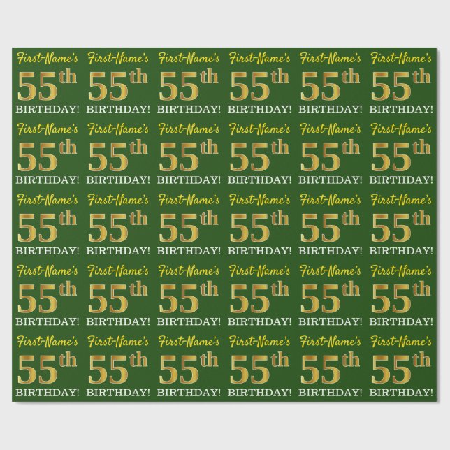 Green, Imitation Gold Look "55th BIRTHDAY" Wrapping Paper (Flat)