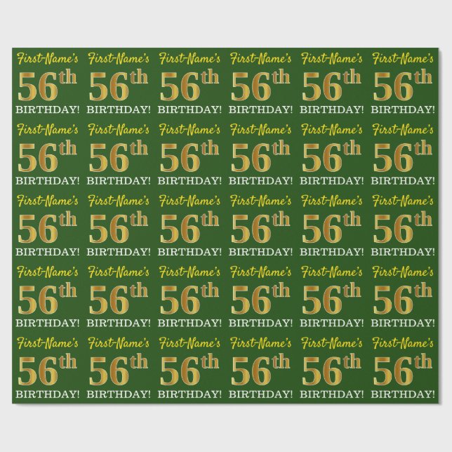 Green, Imitation Gold Look "56th BIRTHDAY" Wrapping Paper (Flat)
