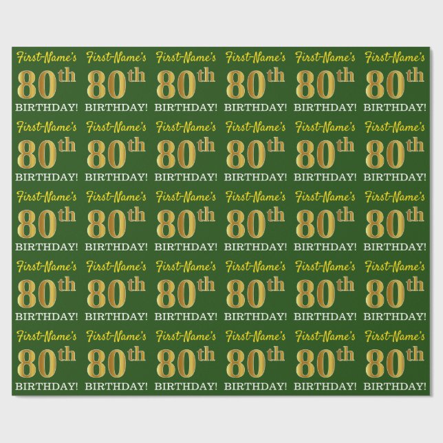 Green, Imitation Gold Look "80th BIRTHDAY" Wrapping Paper (Flat)