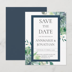 Green & Indigo Succulents White Flowers Wedding Invitation