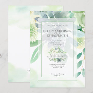 Green & Indigo Succulents White Flowers Wedding Invitation