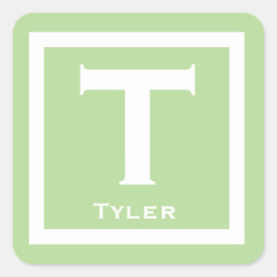 Green Initial Name Kids Boy Party Back to School Square Sticker