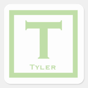 Green Initial Name Kids Boy Party Back to School Square Sticker