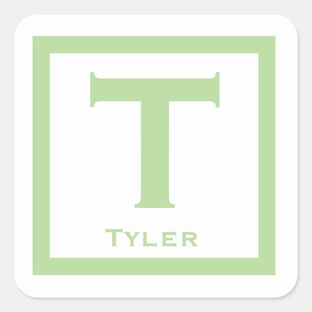 Green Initial Name Kids Boy Party Back to School Square Sticker (Front)
