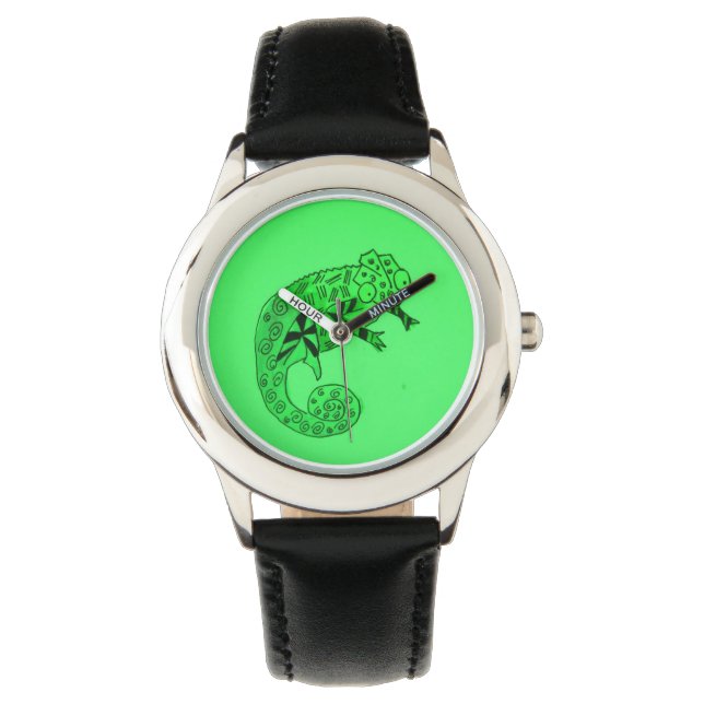 Green ink chameleon black kids watch (Front)
