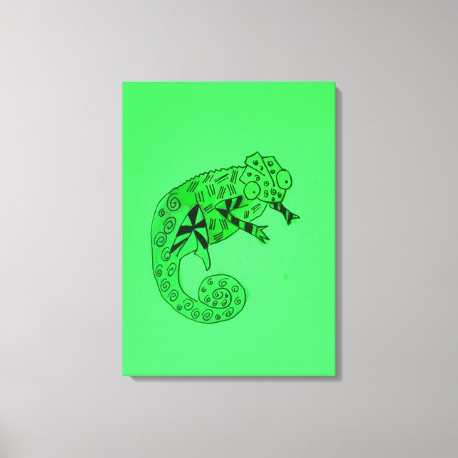 Green ink chameleon reptile kid's canvas art (Front)