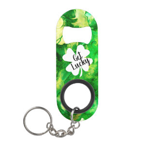 Green Ink Splatters Get Lucky Shamrock Mini Bottle Opener