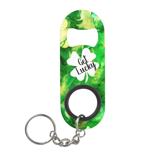 Green Ink Splatters Get Lucky Shamrock Mini Bottle Opener (Front)