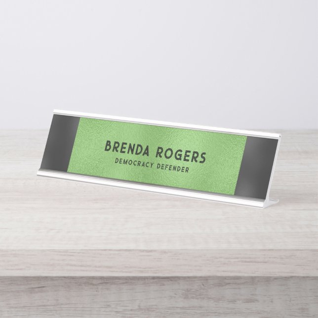 Green iridescent background black accent desk name plate (Front)