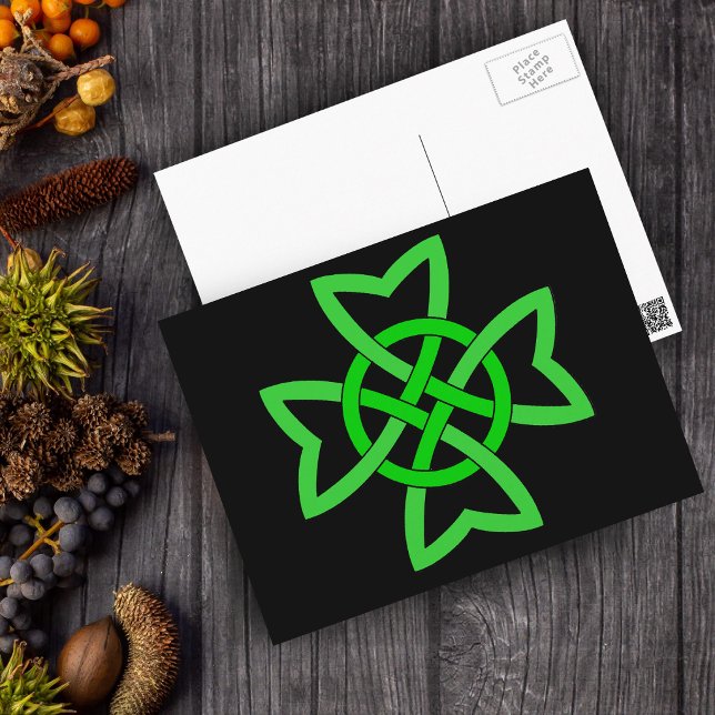 Green Irish Celtic Knot Postcard (Bright green Irish Celtic knot design on black postcard.)
