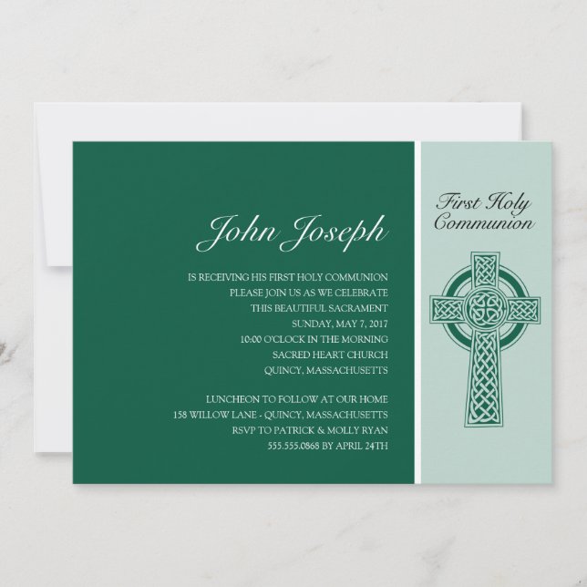 Green Irish Cross First Holy Communion Invitation (Front)