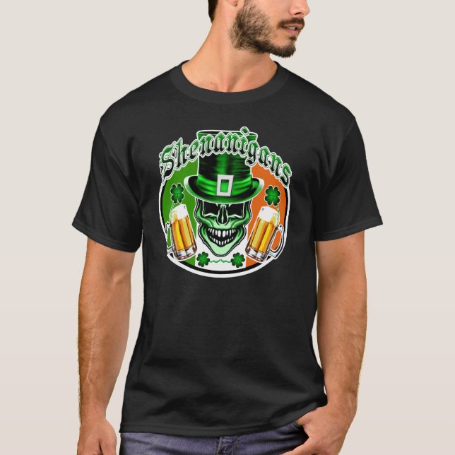 Green Irish Leprechaun Skull: Shenanigans 1 T-Shirt (Front)
