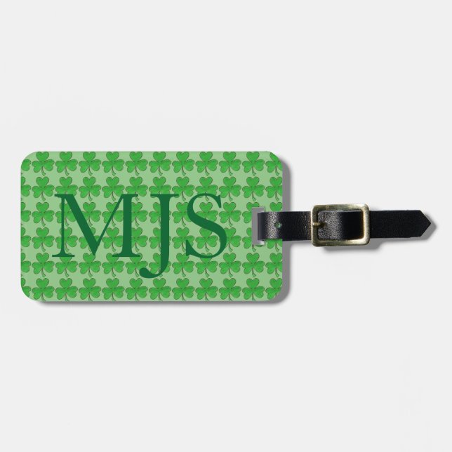 Green Irish Lucky Shamrock Clover Monogram Luggage Tag (Front Horizontal)
