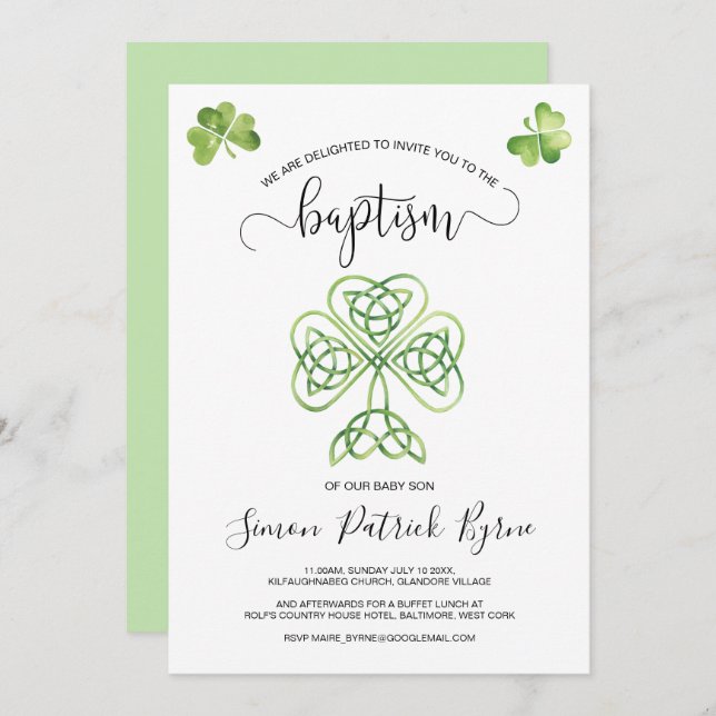 Green Irish Shamrock & Celtic Knot Baptism Invitation (Front/Back)