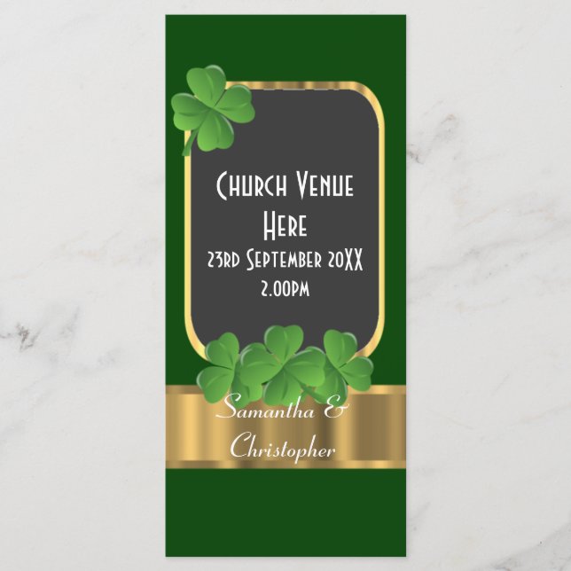 Green Irish shamrock clover wedding program (Front)