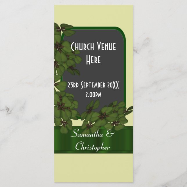 Green Irish shamrock clover wedding program (Front)