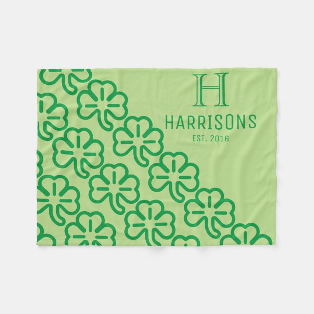 Green Irish Shamrock Personalized Family Name Fleece Blanket (Front (Horizontal))