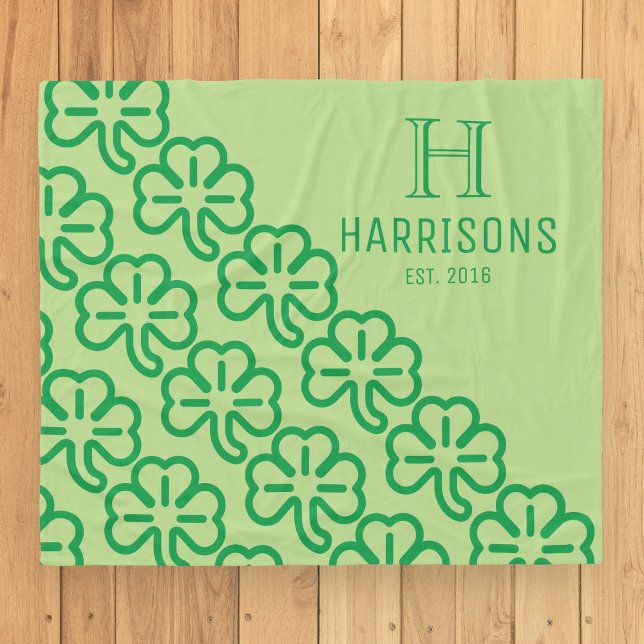 Green Irish Shamrock Personalized Family Name Fleece Blanket (Creator Uploaded)