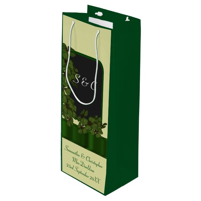 Green Irish shamrock personalized wedding Wine Gift Bag (Front Angled)