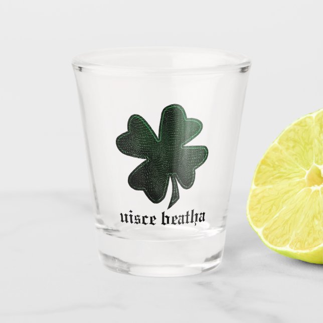 Green Irish Shamrock Uisce Beatha Shot Glass (Front)