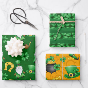 GREEN IRISH SHAMROCKS GOLD HORSESHOES GNOMES WRAPPING PAPER SHEET