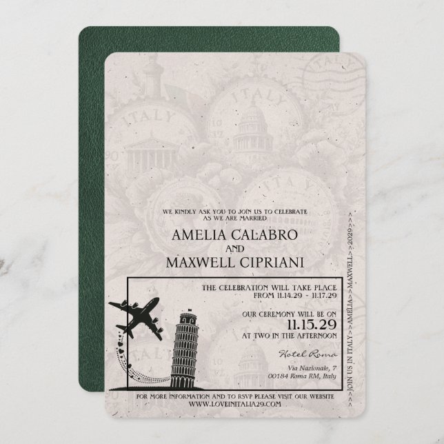 Green Italy Passport Wedding Invitation (Front/Back)