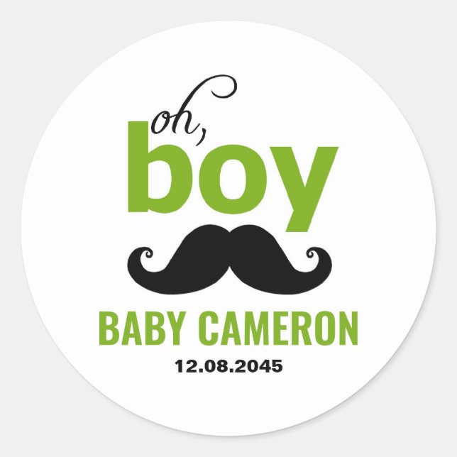 Green It's a Boy Moustache Baby Shower Sticker (Front)