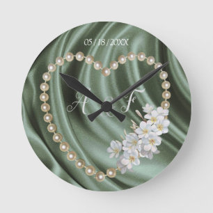 Green,Ivory,Blue,gold Silk & Pearls Round Clock
