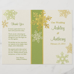 Green Ivory Gold Snowflake Winter Wedding Program