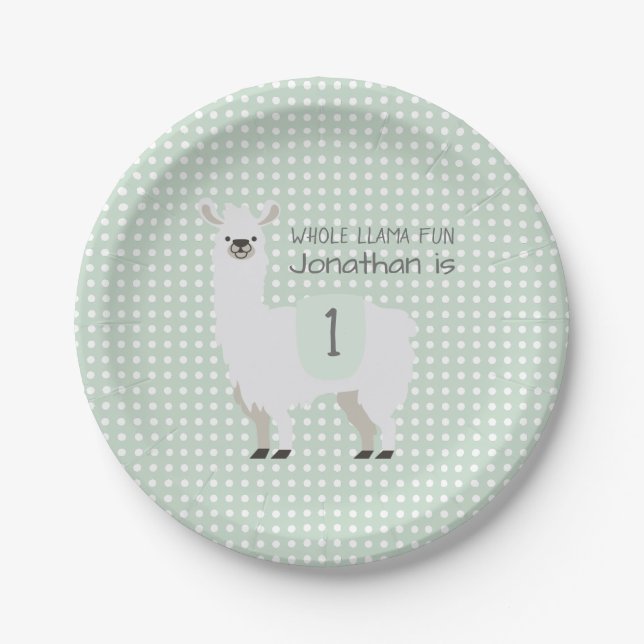 Green & Ivory Llama Kids Birthday Party Paper Plate (Front)