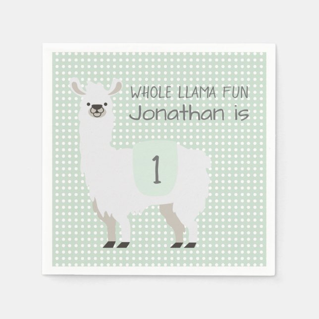 Green & Ivory Whole Llama Fun Baby 1st Birthday Napkin (Front)