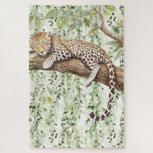 Green Ivy Abstract Jungle Leopard in tree Jigsaw Puzzle