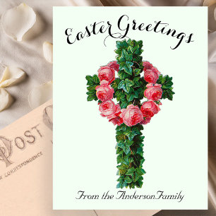 Green Ivy Floral Cross Vintage Easter Religious Postcard