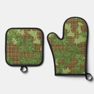 Green ivy Gold Black Brown Plaid Oven Mitt & Pot Holder Set