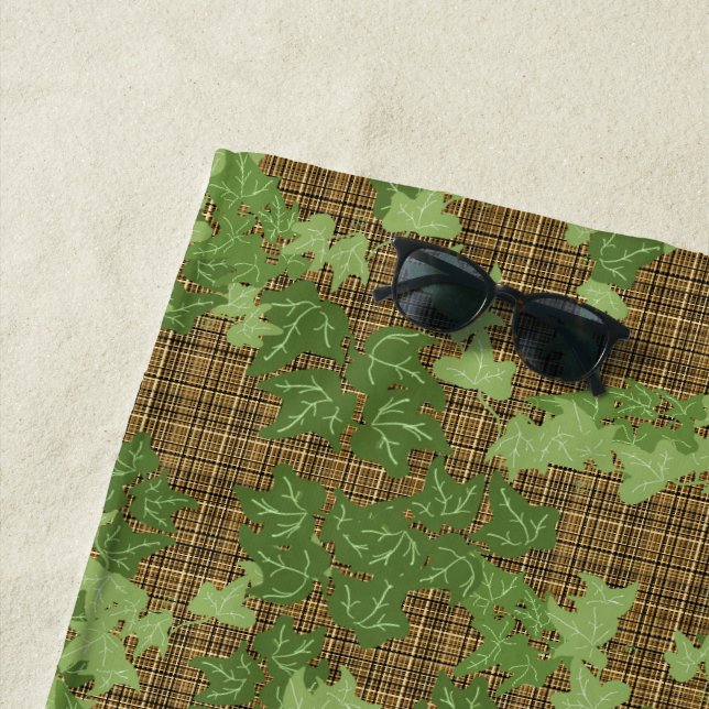 Green Ivy Gold Brown Plaid Beach Towel (In Situ)