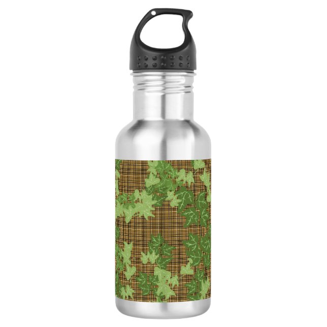 Green ivy on gold black brown plaid 532 ml water bottle (Front)
