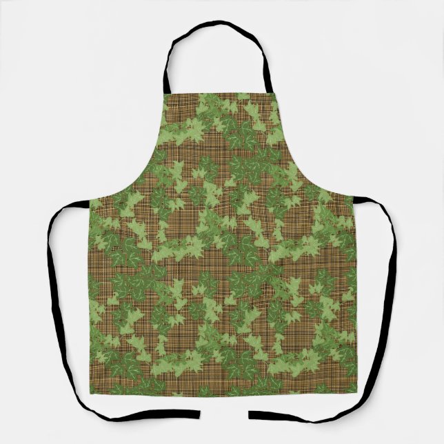 Green ivy on gold black brown plaid apron (Front)